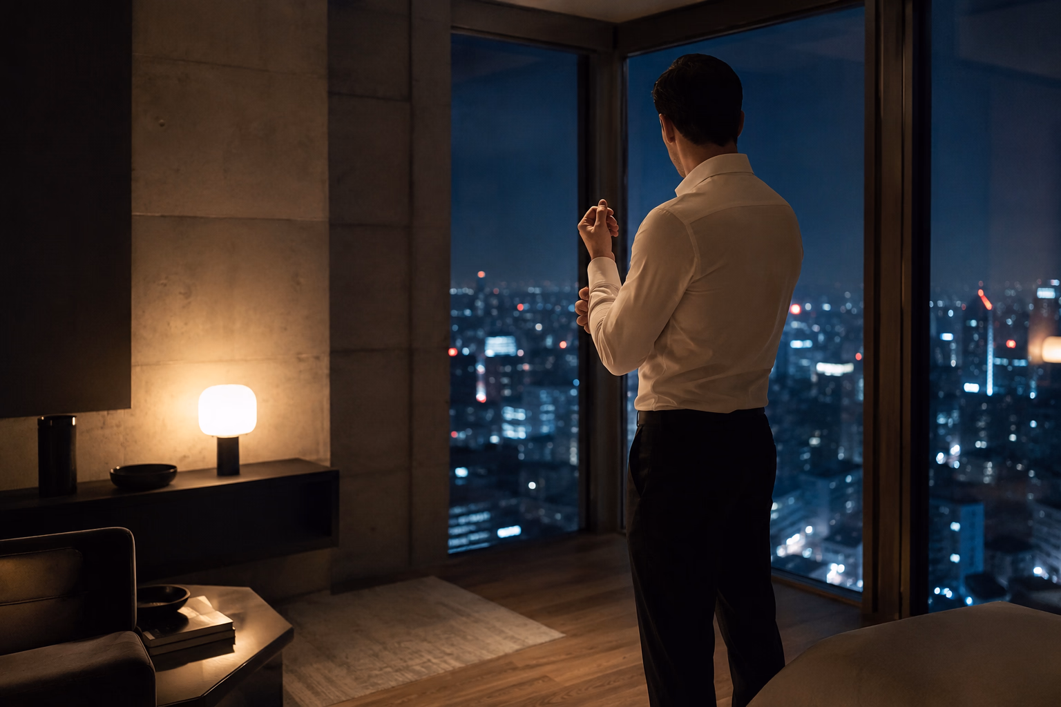 A male escort in a white shirt fastens his cuff in front of the window of a lit city: the bull, or invited third, for whom the suite is a place of work rather than an adventure.