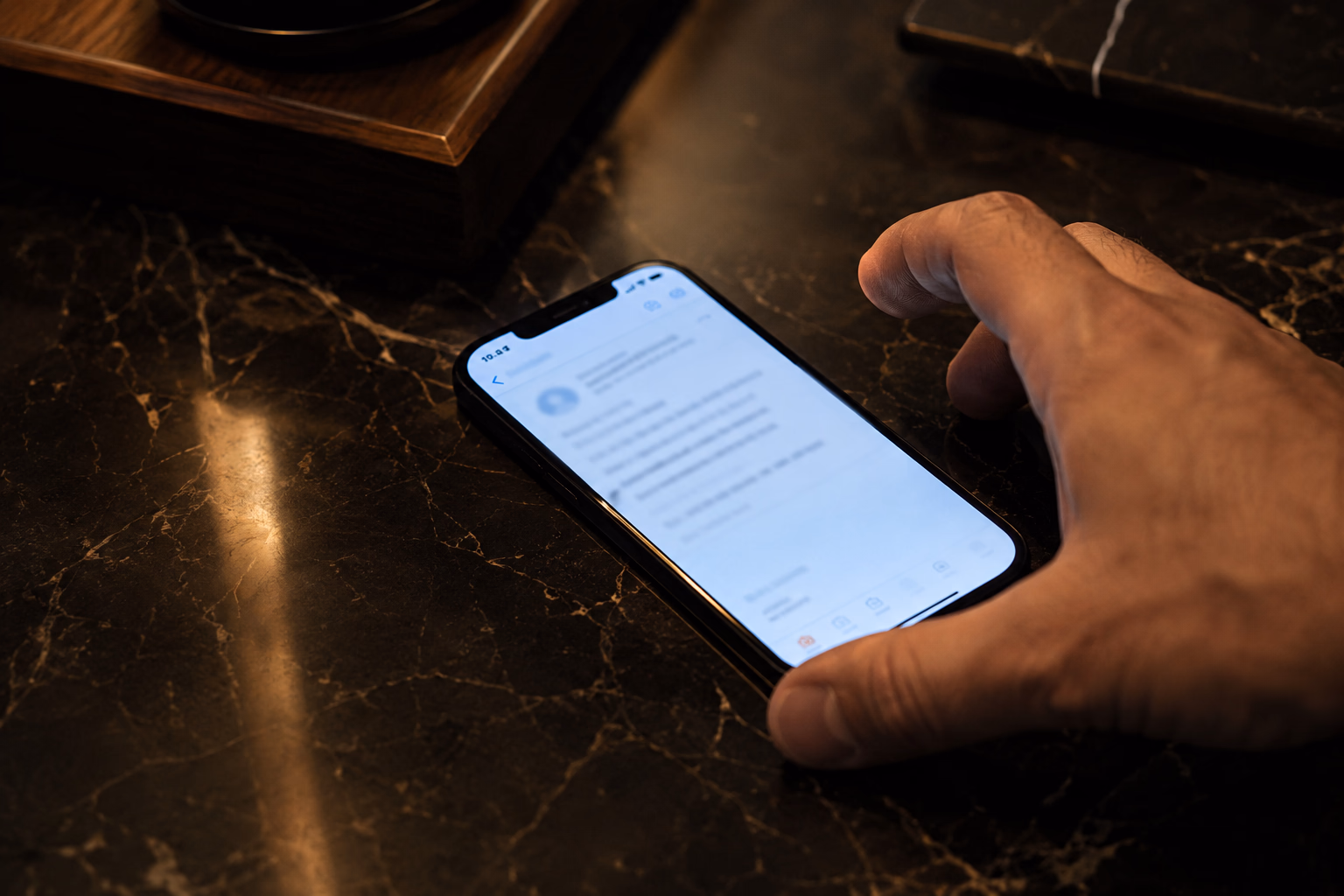 A gigolo's hand picks up a smartphone from a dark marble surface, with an email open on the screen: the first message from a couple who practise cuckolding, arriving with the evening already decided.