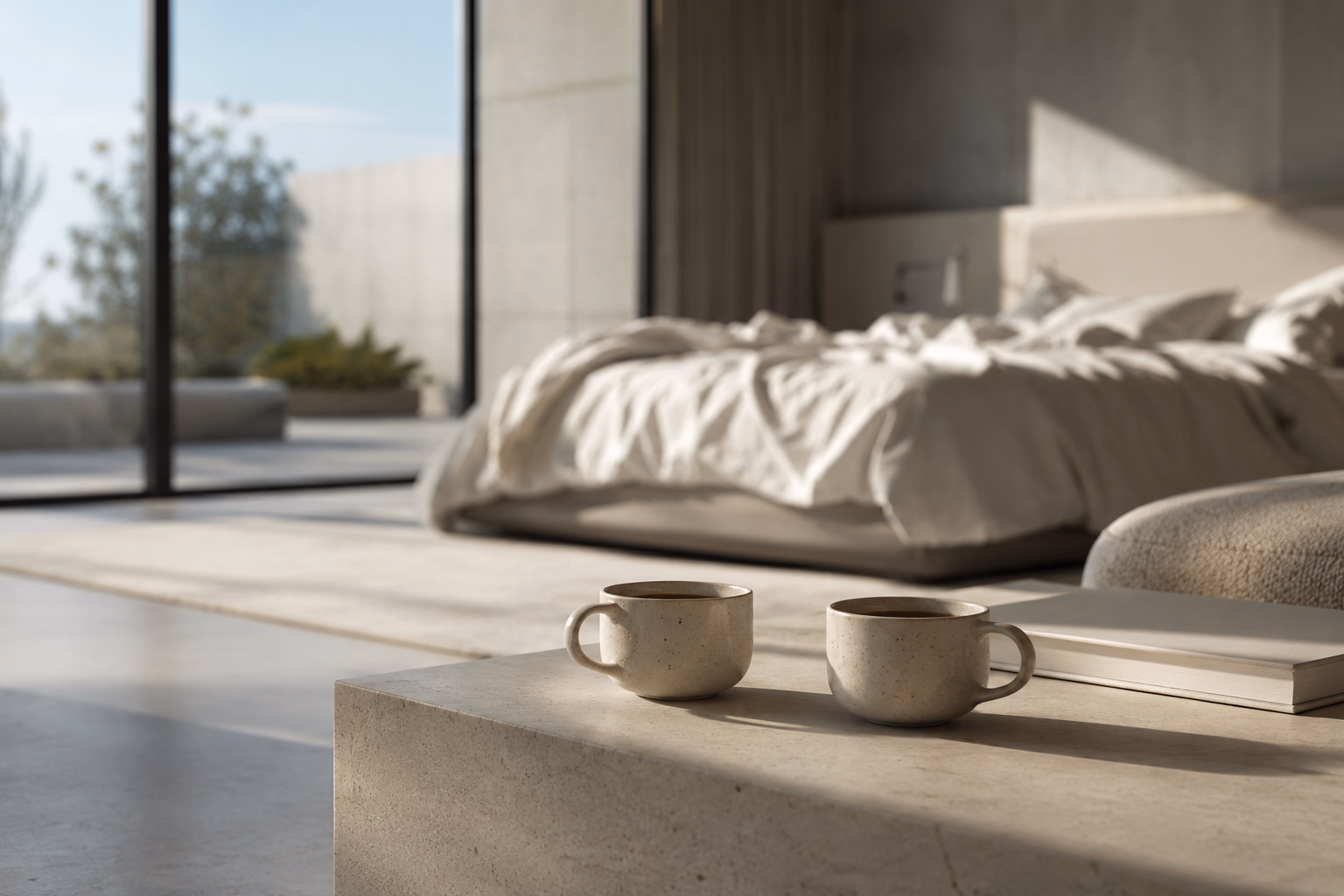 Two cups of coffee on a low table and an unmade bed in the cool morning light, with the ocean off Tenerife beyond the window: the day after, when the couple discuss what worked and what did not and the gigolo leaves the equation.
