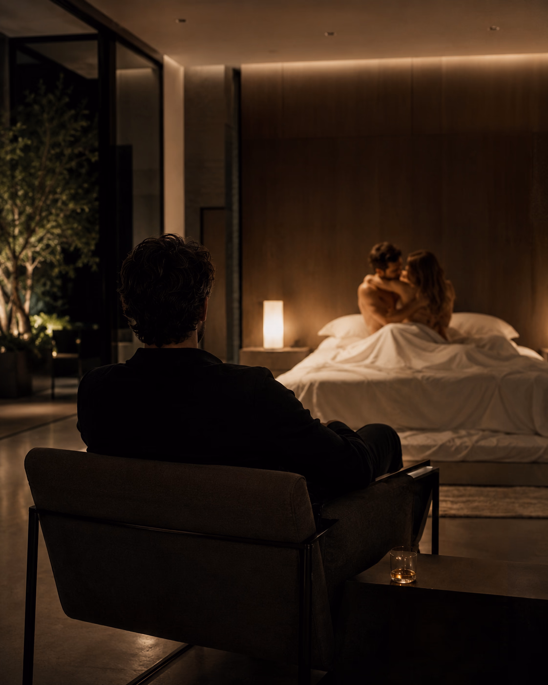 A dimly lit hotel suite in Santa Cruz de Tenerife, with a man seated in an armchair watching from a distance as his wife lies on the bed with her bull: the scene that defines the cuckold dynamic.