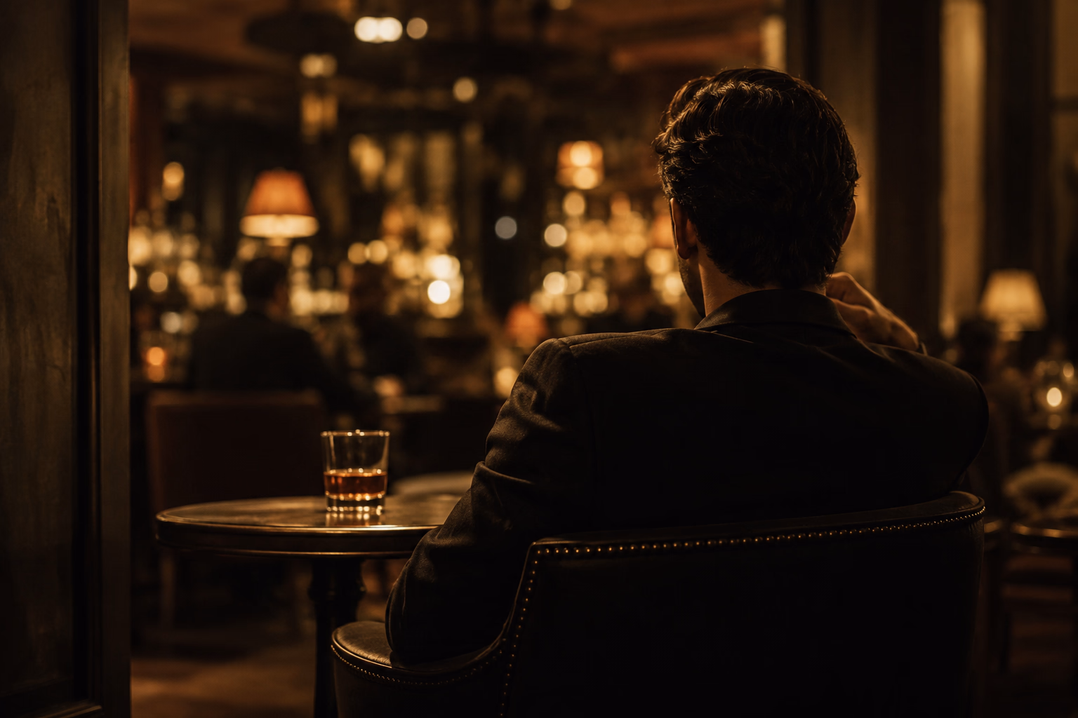 An elegant, calm man seen from behind, a glass in the warm half-light of a night bar: the real person who dismantles the caricature others need to imagine of a male companion.