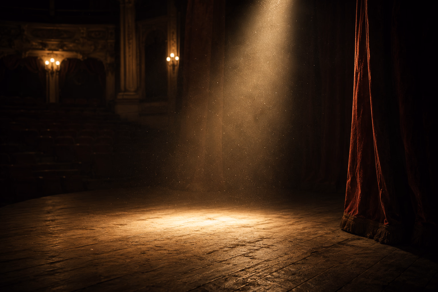 An empty theatre stage, a single shaft of light on the floorboards and the deserted seats beyond: the image of the character who stops working the moment an escort puts a price on what was admired for free.
