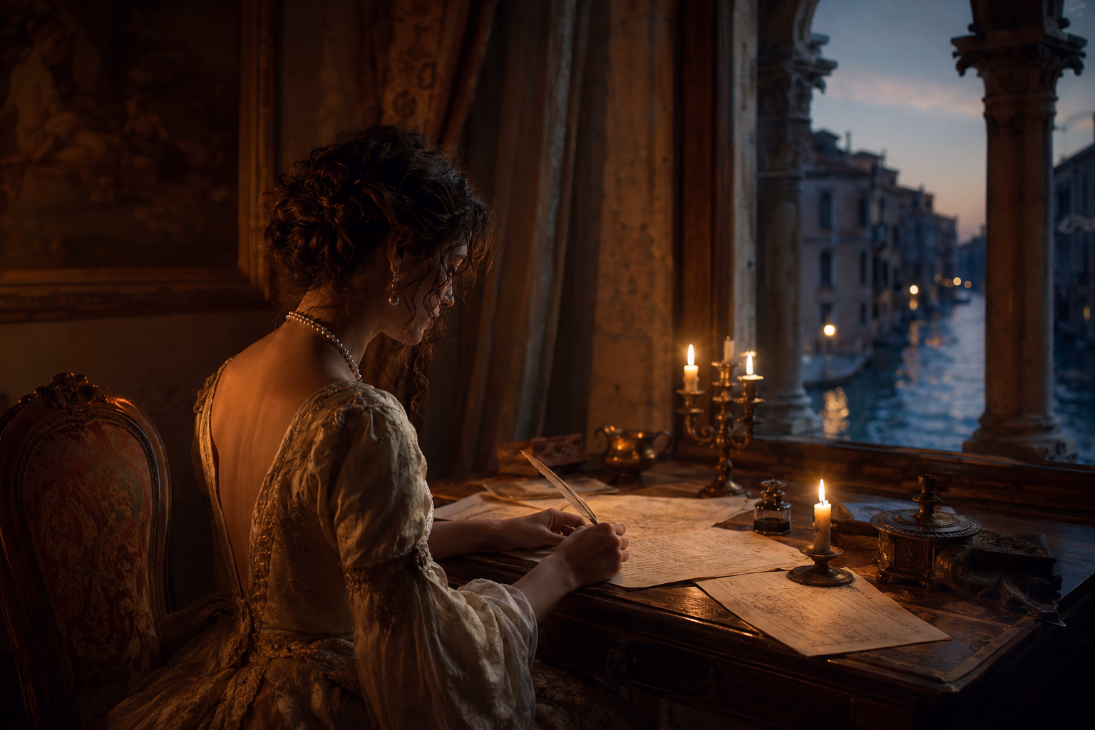 A sixteenth-century woman writing with a quill by a window over Venice's Grand Canal, by candlelight: the echo of the poet-courtesans, like Veronica Franco, who turned eroticism into culture.