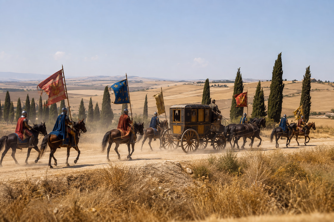 Escolta armada a caballo acompañando un carruaje por un camino de campo a pleno sol, entre cipreses y polvo, el sentido original de la palabra escort.
