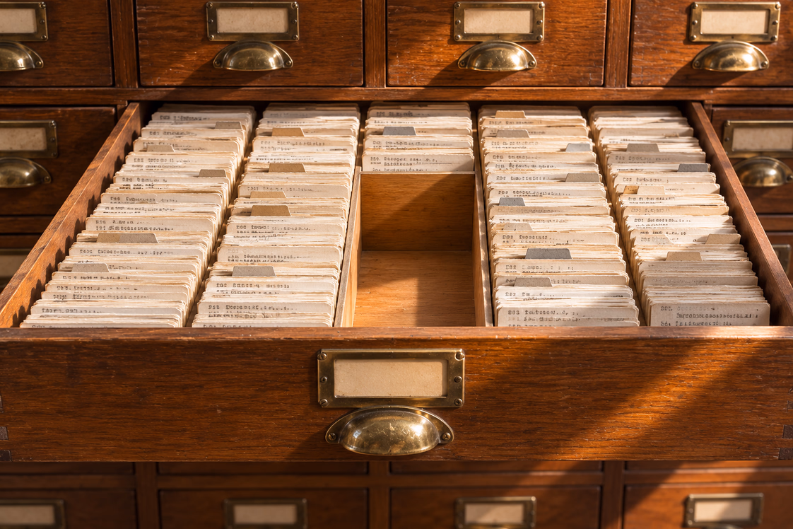 Cajón de fichero de biblioteca abierto, con las cartulinas apretadas y un compartimento vacío en mitad de la fila, el hueco de la palabra que no aparece en los repertorios consultados.