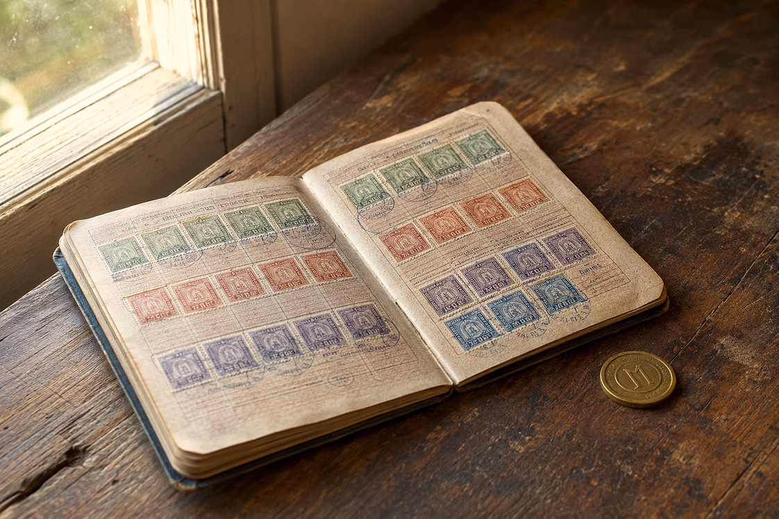 Libreta de cotizaciones italiana abierta junto a la ventana, con hileras de sellos de colores pegados en la página y una ficha de latón al lado, la marchetta que acabó dando nombre al oficio.
