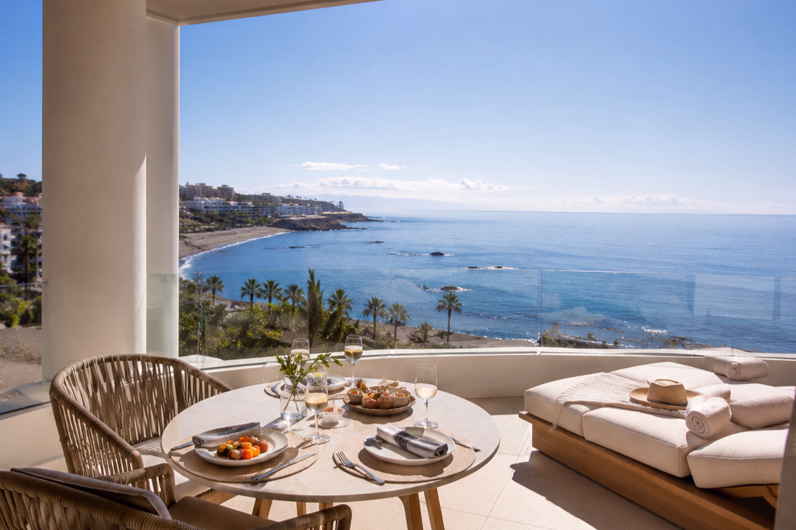 Private oceanfront terrace at a resort in Costa Adeje, southern Tenerife. Days without witnesses with your luxury escort.