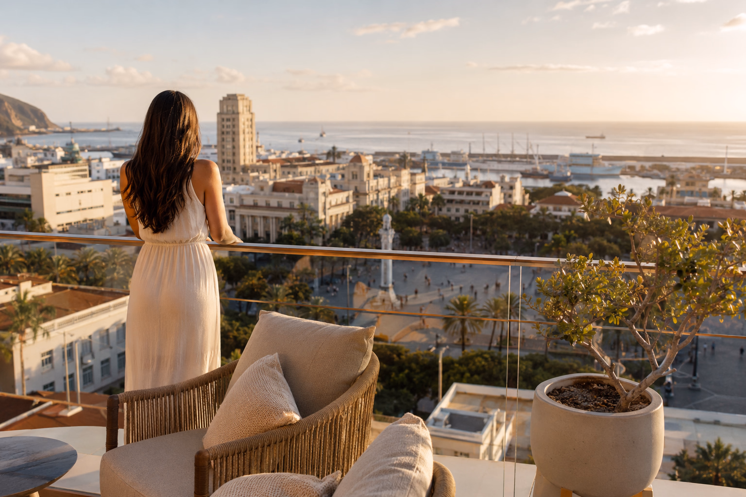 Rooftop terrace in Santa Cruz de Tenerife overlooking the port and the Atlantic, the city at your feet and your male companion beside you.