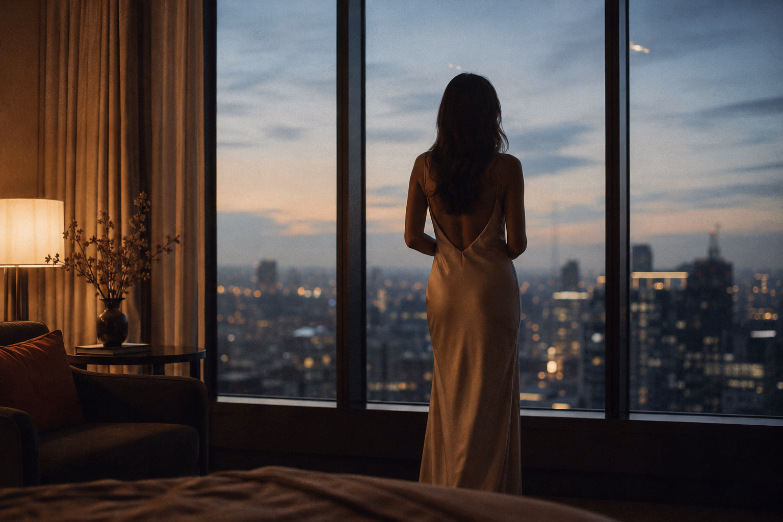 The silhouette of a woman standing at the window of a dim room at dusk, calm and dignified. The female desire cinema does not know how to film.