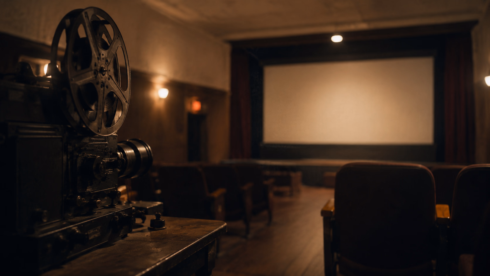 An old projector switched off before a blank screen in an empty room with curtains. The machine of illusion, stopped.