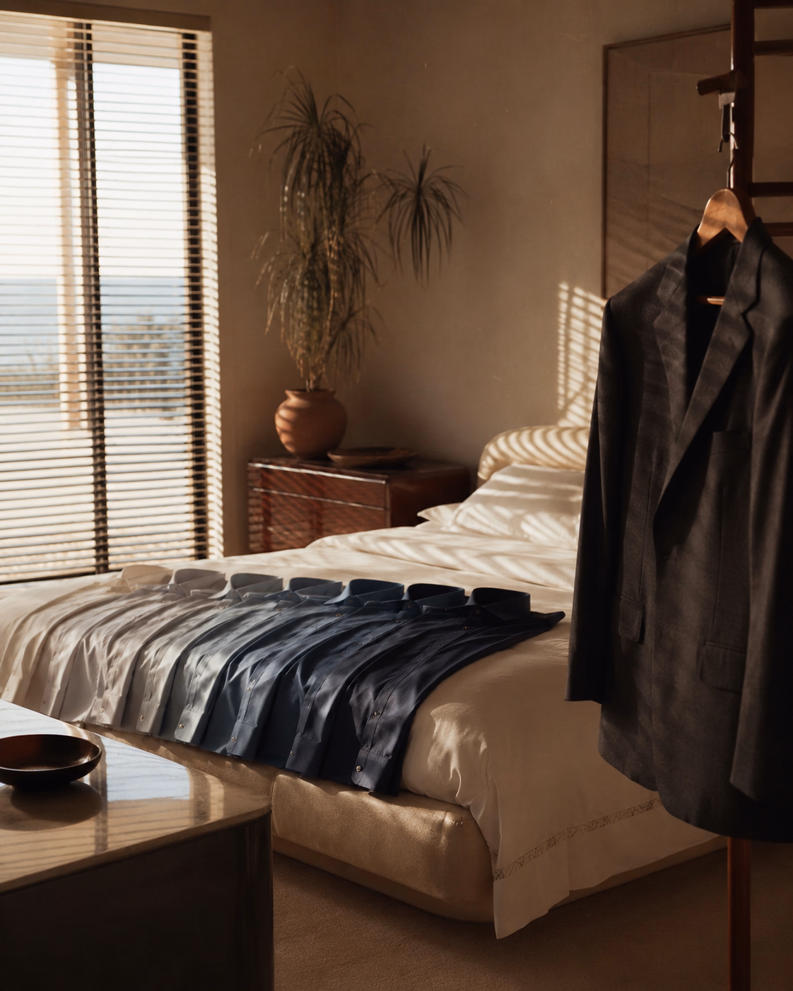 Silk shirts arranged from pearl grey to midnight blue on a bed, beside a jacket on a valet stand and a terracotta vase; warm light through the blinds. The gigolo in cinema.