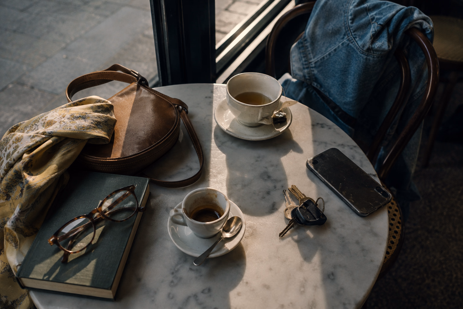 A small marble café table with two places being used at once: on one side, a leather bag, a silk scarf and reading glasses resting on a book; on the other, a scratched phone, a set of keys and a denim jacket over the back of the chair: two different women at the same table, because a gigolo's clients do not all fit into a single portrait.