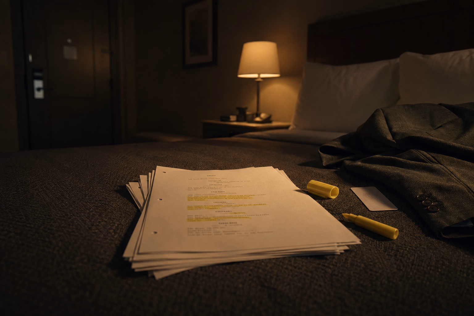 A stack of typed pages like a theatre script, with some lines highlighted in yellow and the highlighter still uncapped, lying on the freshly made bed of a hotel room beside a folded jacket: the companion's words had already been decided before the encounter began.