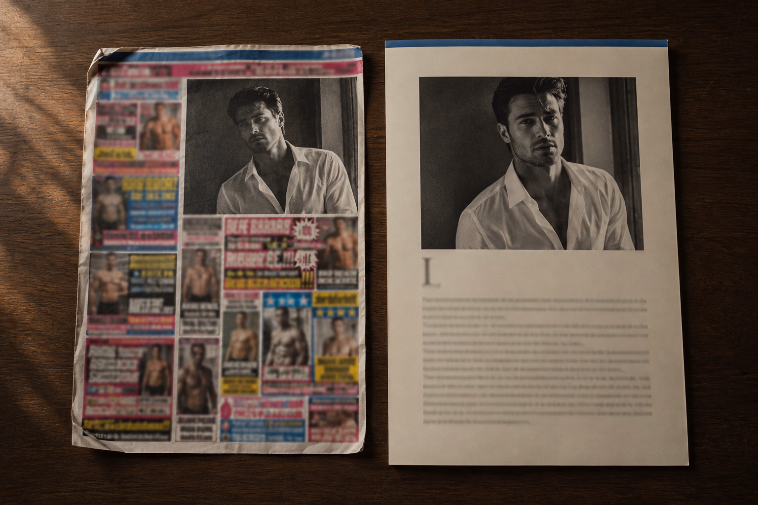 Two pages side by side on a walnut table: on the left, an ad page filled with coloured boxes and male bodies; on the right, an author's page with the same portrait in black and white and a single column of text, the same companion described in two different ways depending on who is meant to read it.