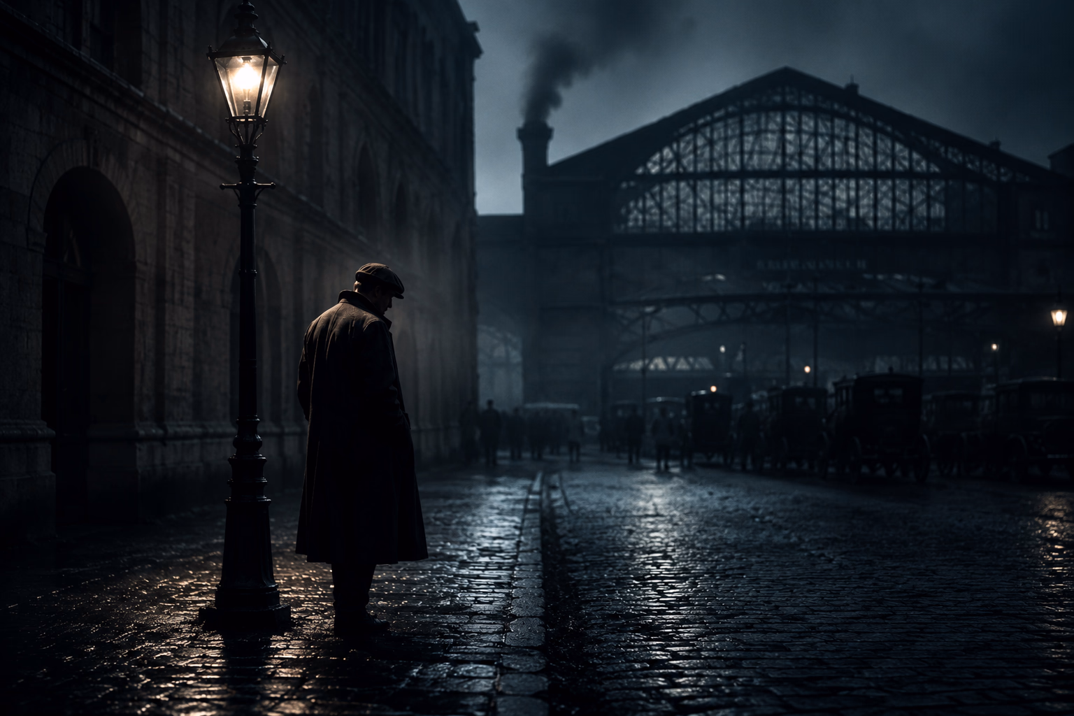 A lone man under a gas lamp on the wet cobblestones by a 19th-century railway station. The marginal male prostitution of the industrial city.