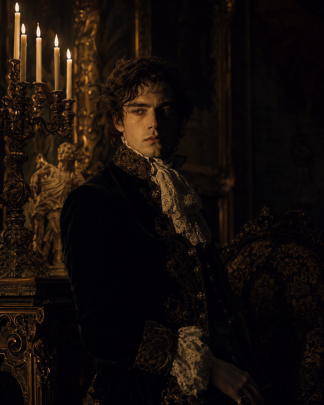 A young courtier in velvet and lace by candlelight in a baroque palace. The court favourite.