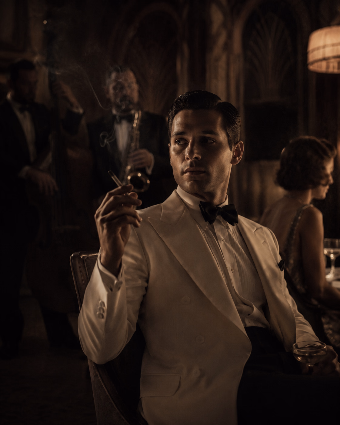 An elegant man in a white dinner jacket, cigarette in hand, in a 1930s jazz salon. The gigolo, the seducer of the salon.