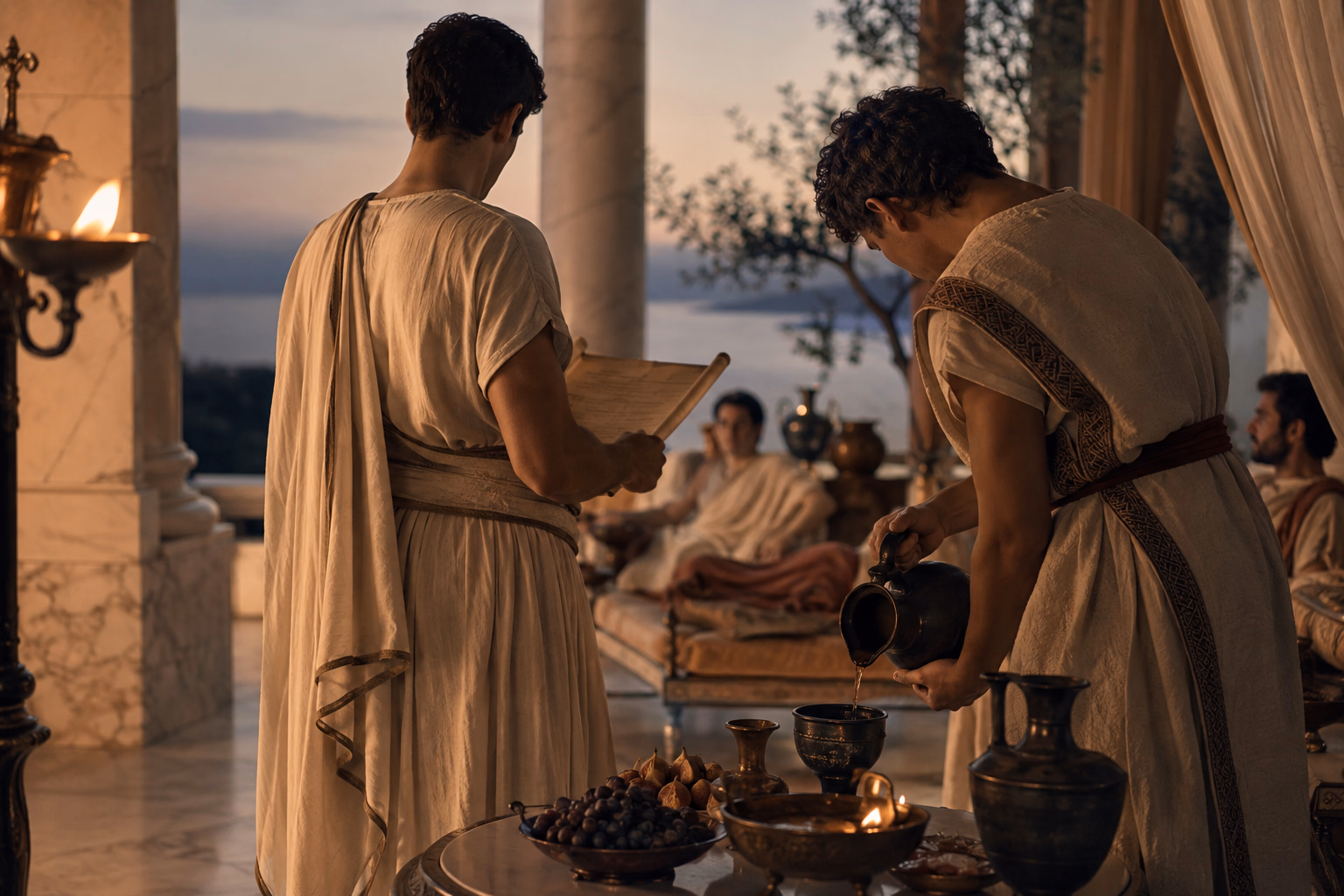A young man pouring wine at a banquet in ancient Greece, among marble columns at dusk. The pornoi who sold their company at symposia.