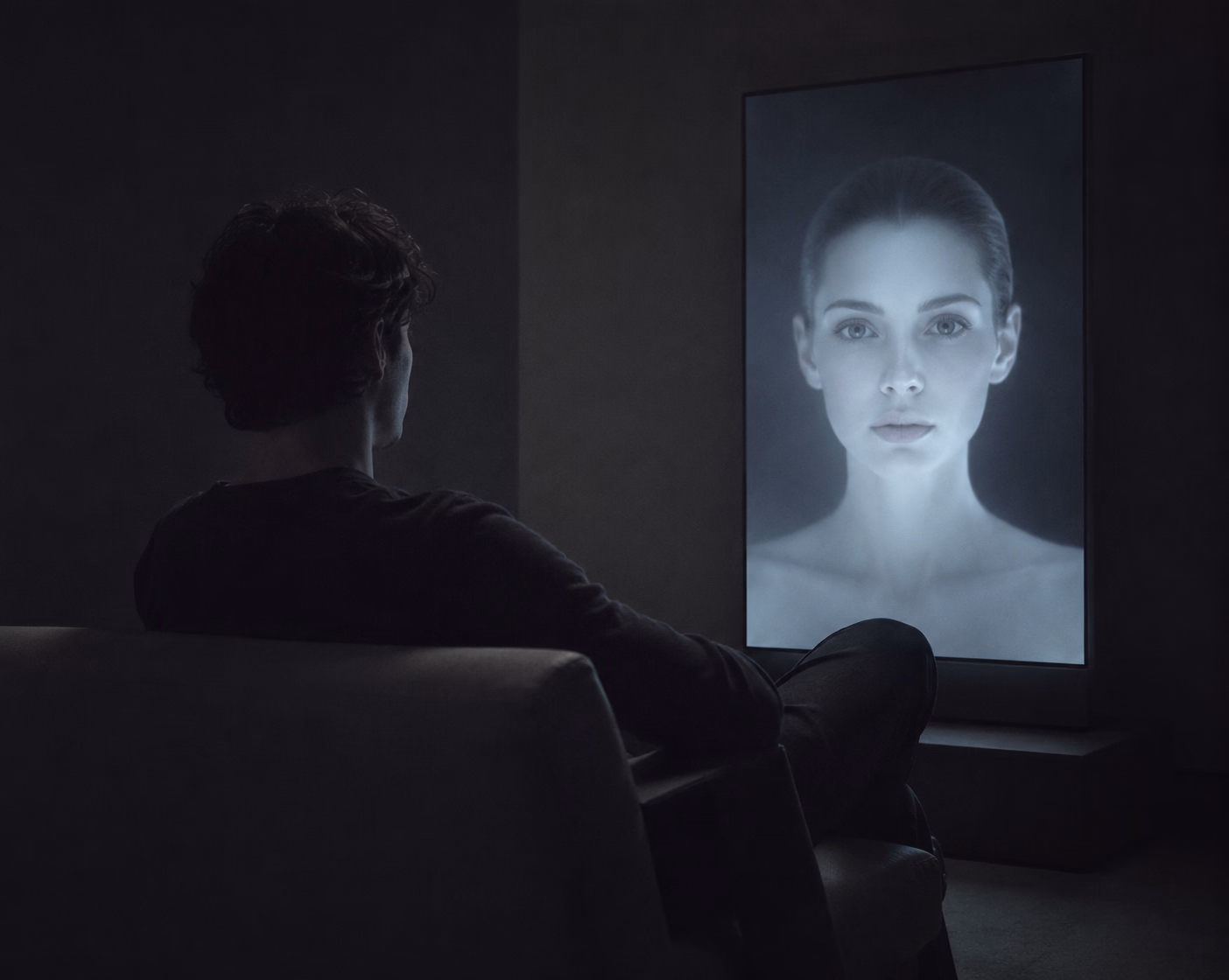 A lone figure facing the perfect, cold face of a digital companion on a screen, in a dark room. The artificial intimacy of AI companions.