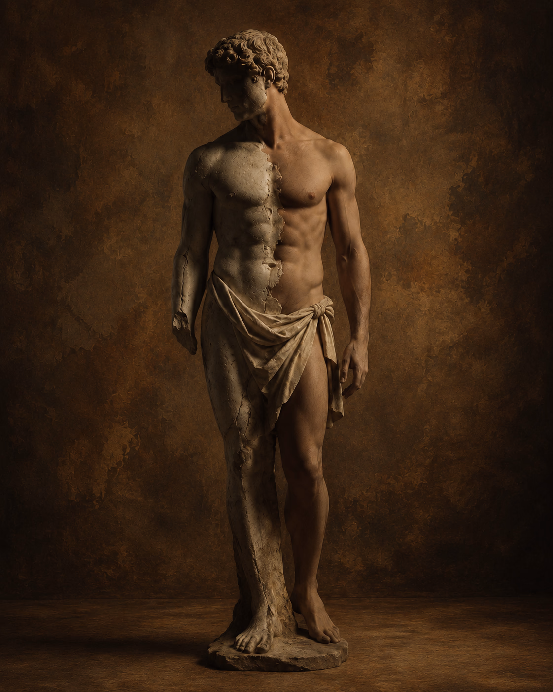 A classical male sculpture whose body is transforming: one half is cracked ancient marble, the other half living flesh. The metamorphosis of the male companion.