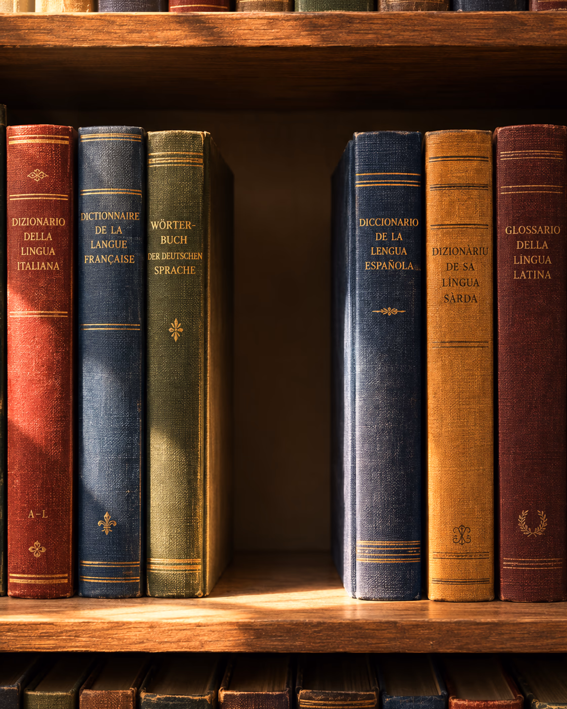 Estante de biblioteca con diccionarios de varias lenguas encuadernados en tela y un hueco vacío entre el volumen alemán y el español, justo donde faltaría la palabra para un acompañante masculino.