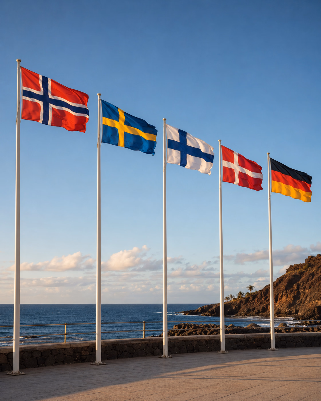 Le bandiere di Norvegia, Svezia, Finlandia, Danimarca e Germania sventolano in fila su un lungomare del sud di Gran Canaria, con l'Atlantico sullo sfondo.