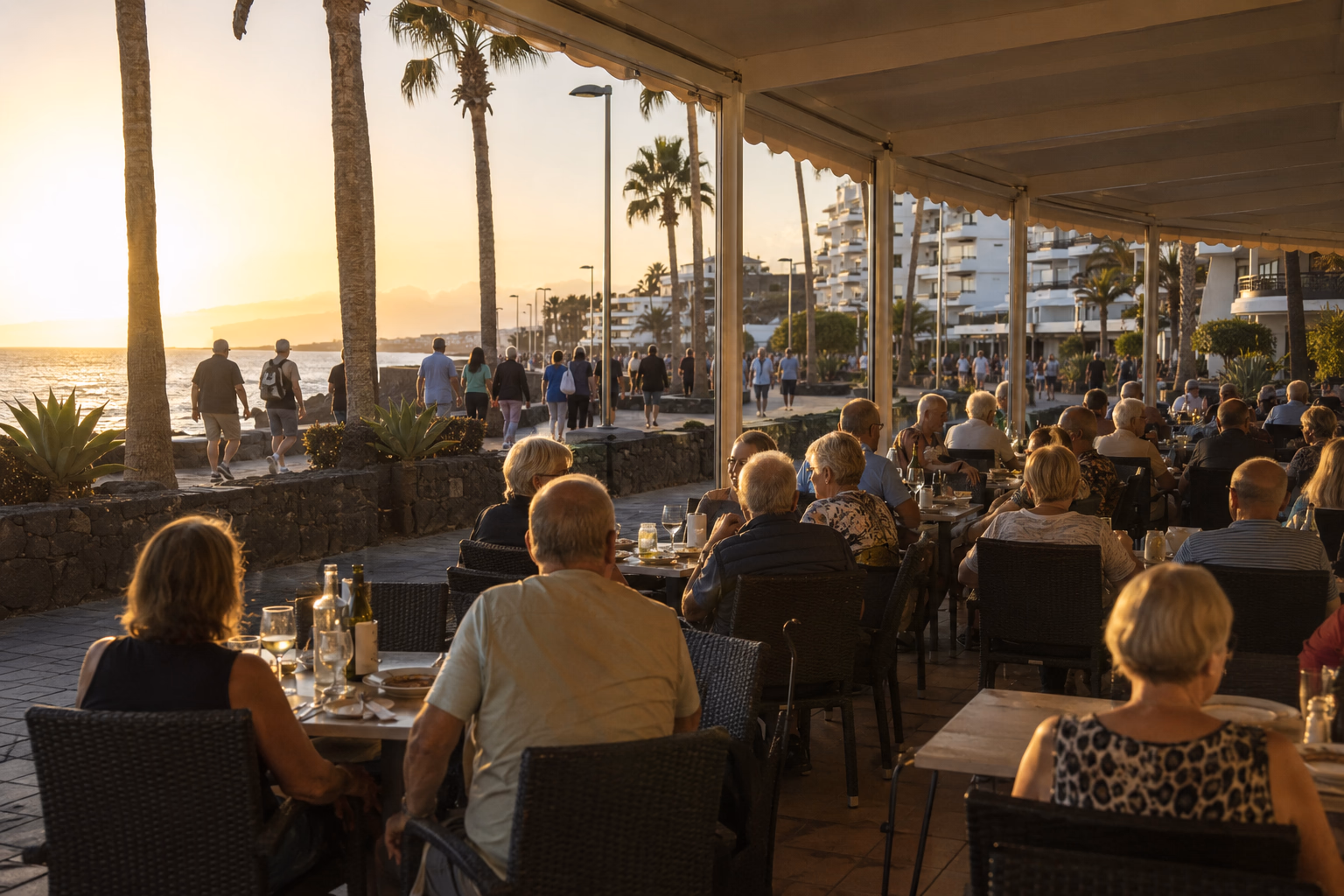 Terrazza affollata sul lungomare del sud di Gran Canaria al tramonto, con i tavoli disposti in modo che da ognuno si vedano gli altri, e la gente che passeggia davanti.