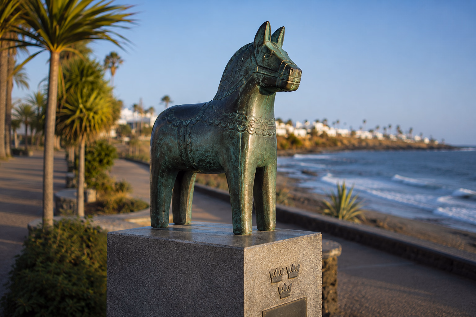 Scultura in bronzo di un dalahäst, il cavallo dipinto della Dalarna, su un basamento di granito con le tre corone svedesi, in un viale di San Agustín.