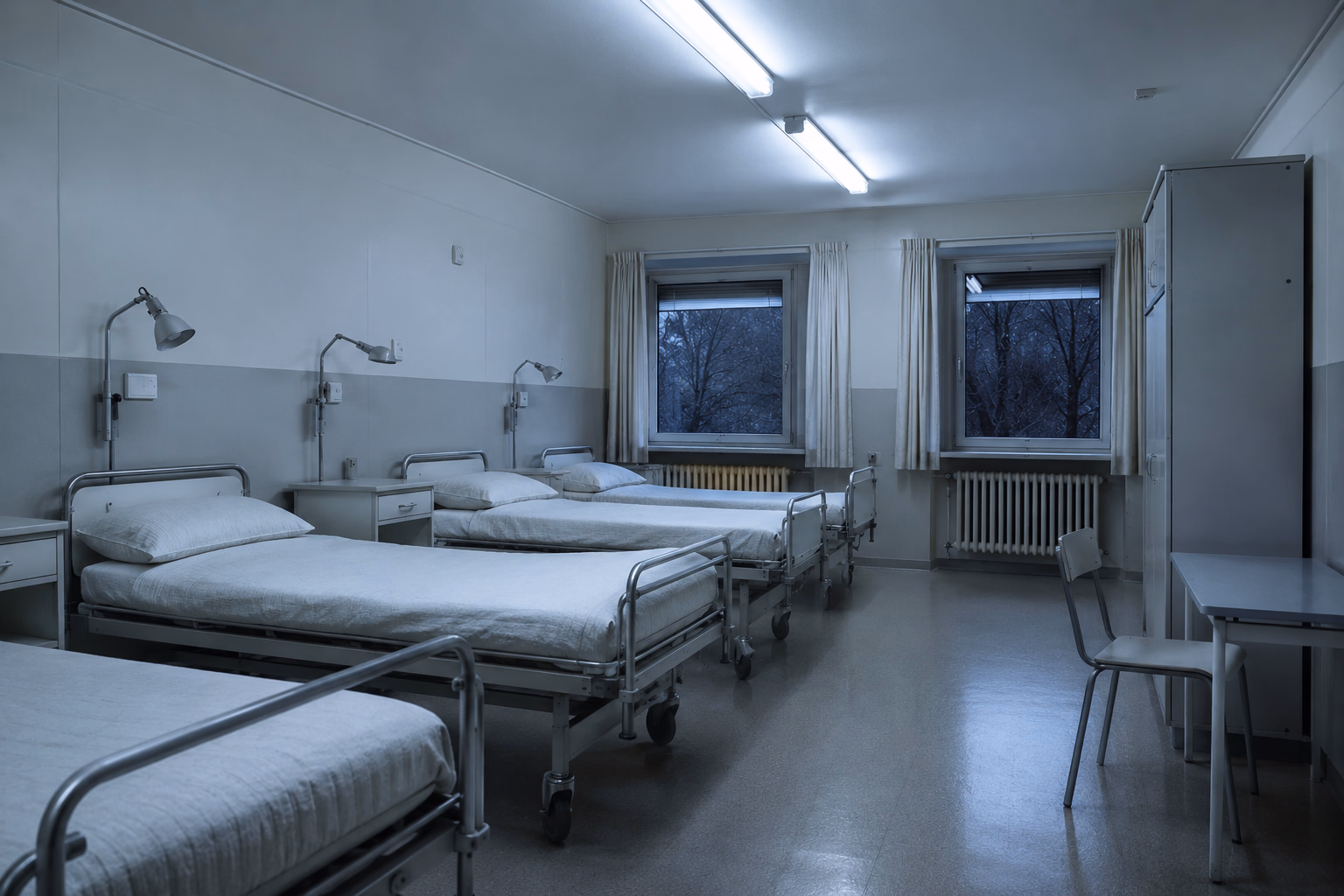 Corsia d'ospedale scandinava degli anni Sessanta, vuota, sotto la luce fredda dei tubi fluorescenti, con la penombra dell'inverno oltre le finestre.