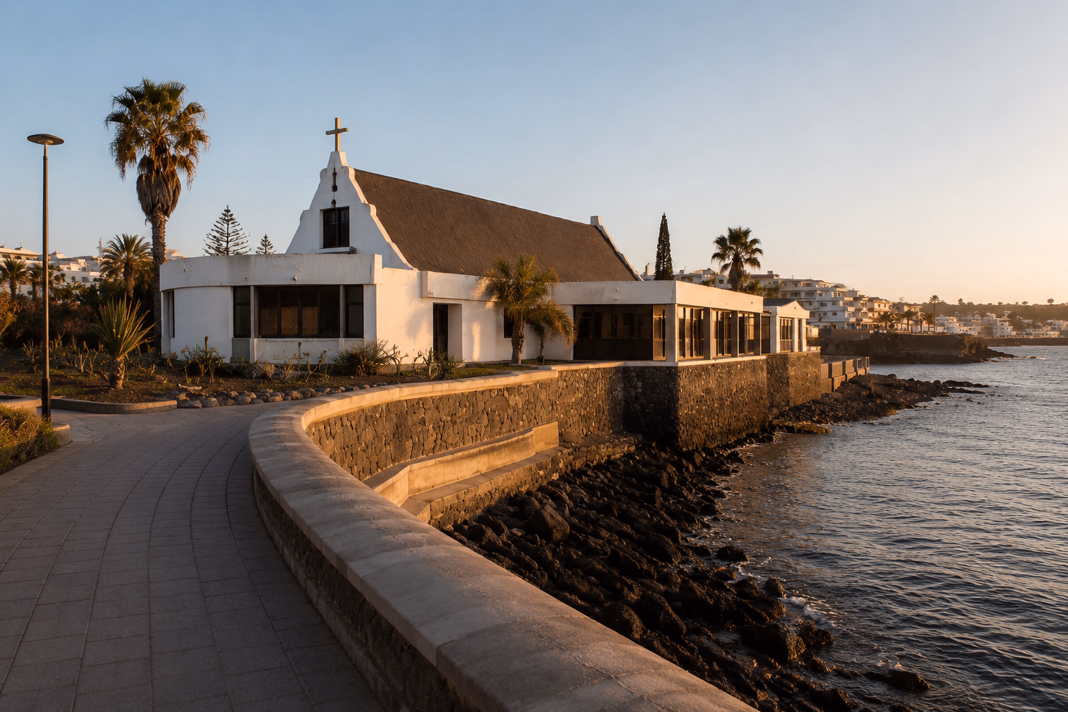 La Sjømannskirken, la chiesa norvegese dei marinai, sul lungomare di Arguineguín in Gran Canaria, con il muro di pietra vulcanica e il mare al tramonto.