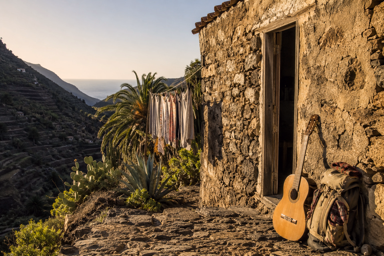 Casa di pietra a Valle Gran Rey, a La Gomera, con uno zaino e una chitarra appoggiati al muro e i terrazzamenti del barranco che scendono al mare.