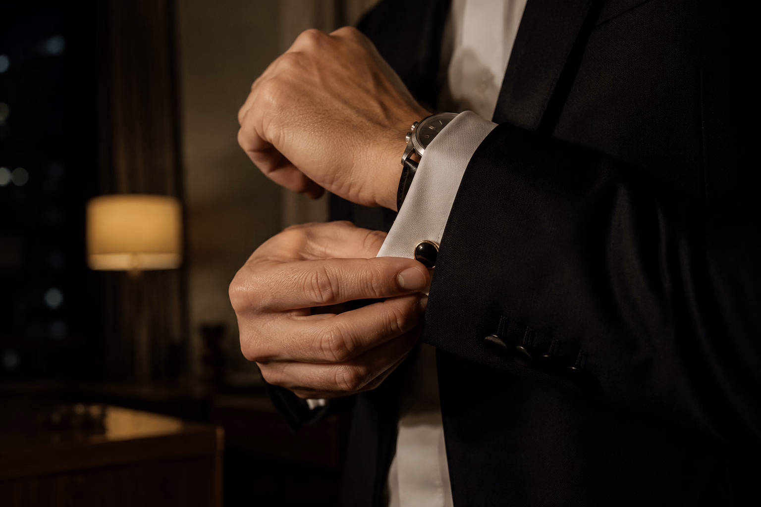 Close-up of a man's hands in a dark suit fastening a cufflink, a watch on his wrist, in a warm, dimly lit hotel room. The companion getting ready: a gigolo for women and couples.