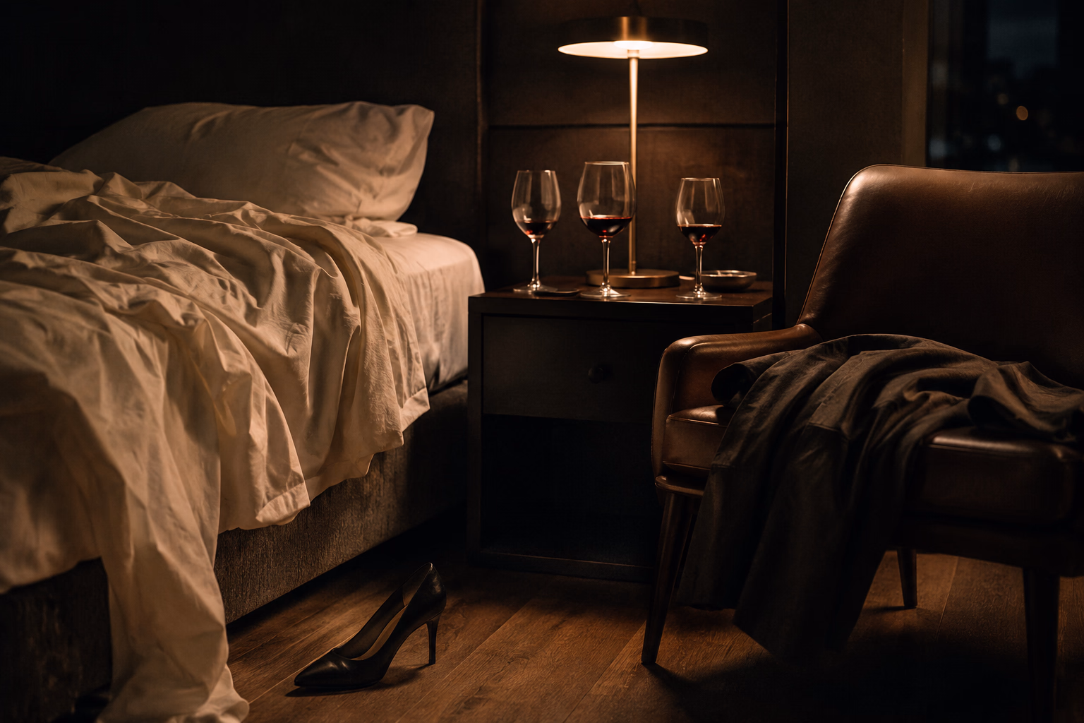 An unmade bed in warm penumbra; on the nightstand, three glasses of wine under the light of a lamp, a high heel on the floor and a jacket over the armchair. The traces of a night.