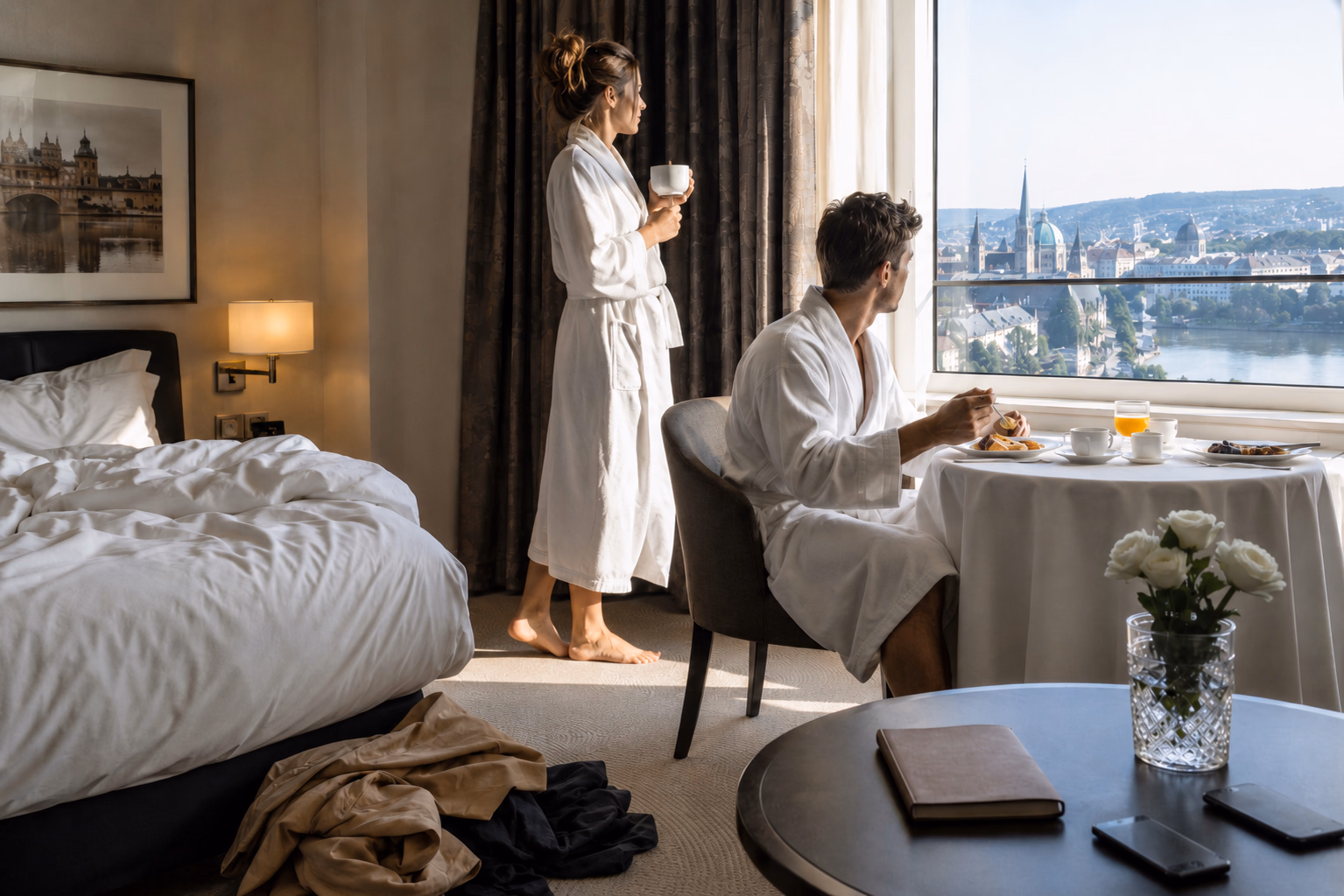 In a bathrobe, she stands by the window with a cup of coffee while her male escort sits eating breakfast facing the city; a calm morning, no rush and no obligatory conversation. A companion for the weekend.