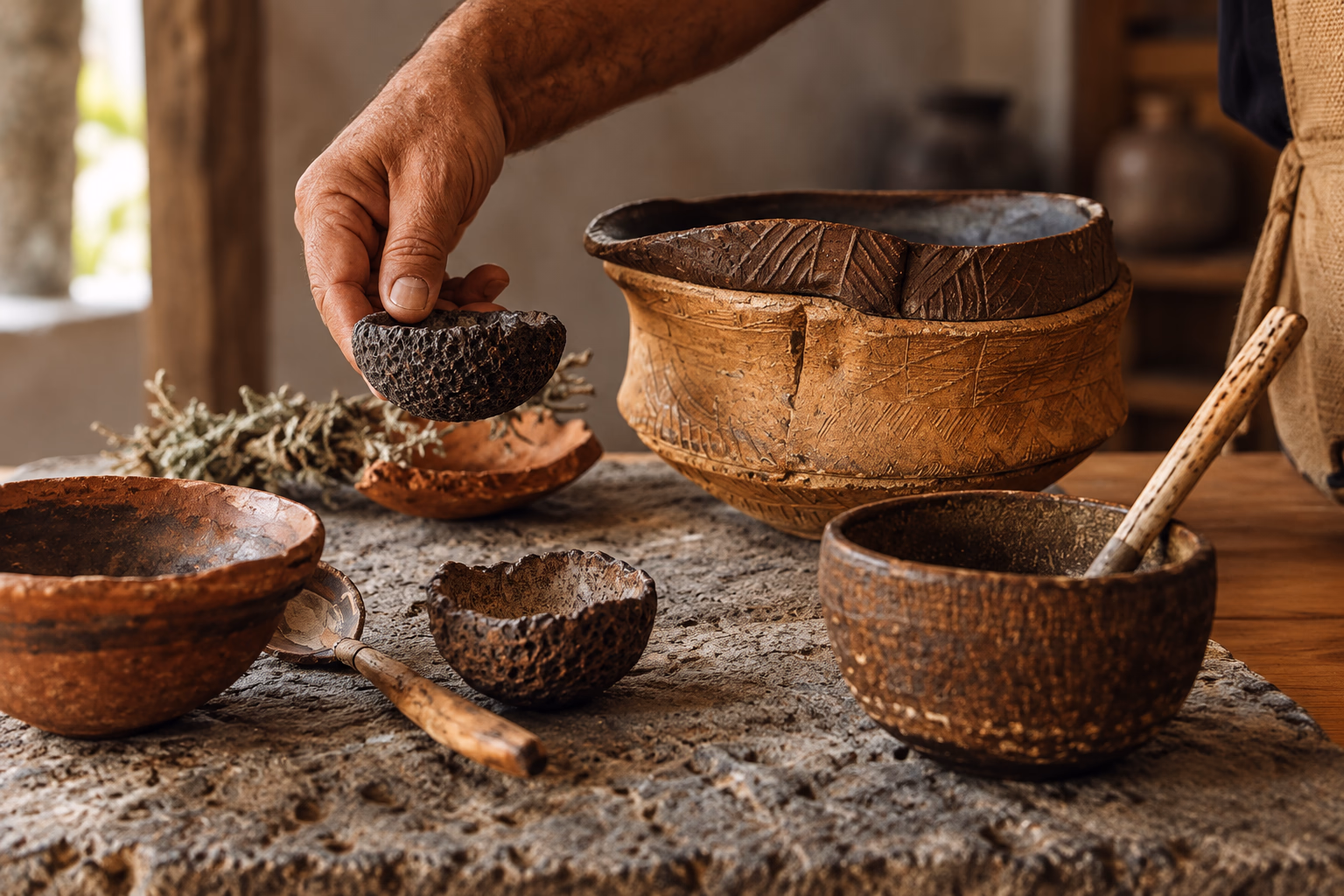 Mani che preparano ciotole di terracotta sul tavolo di 8Aborigen