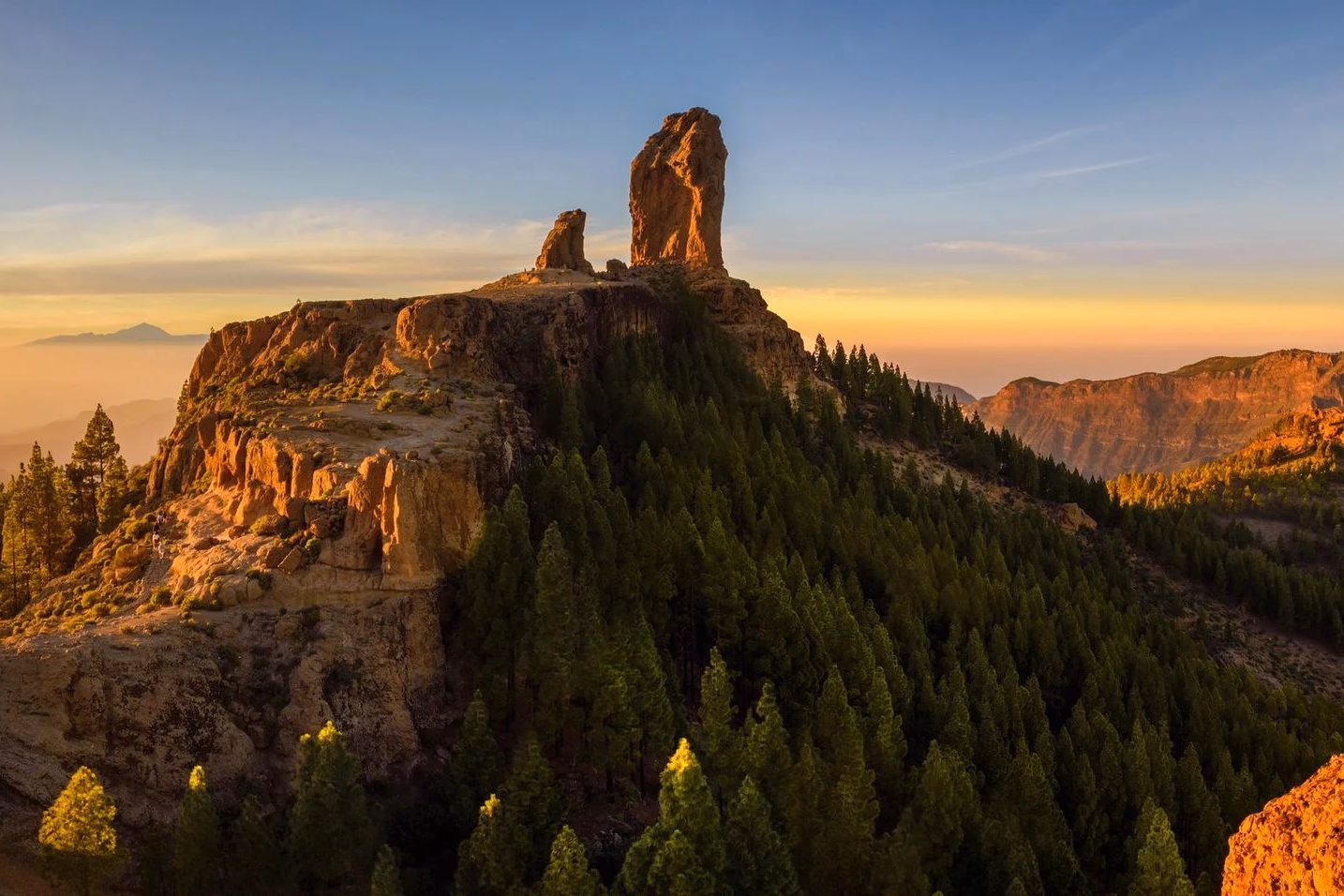 Il monolite del Roque Nublo sopra le pinete, nella luce del tramonto