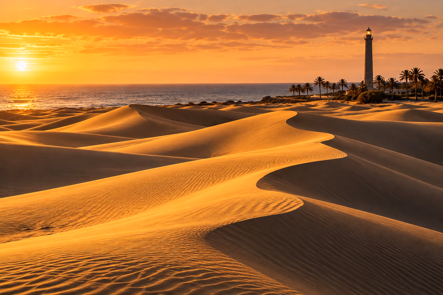 Le dune di Maspalomas al tramonto, con il faro e le palme verso il mare