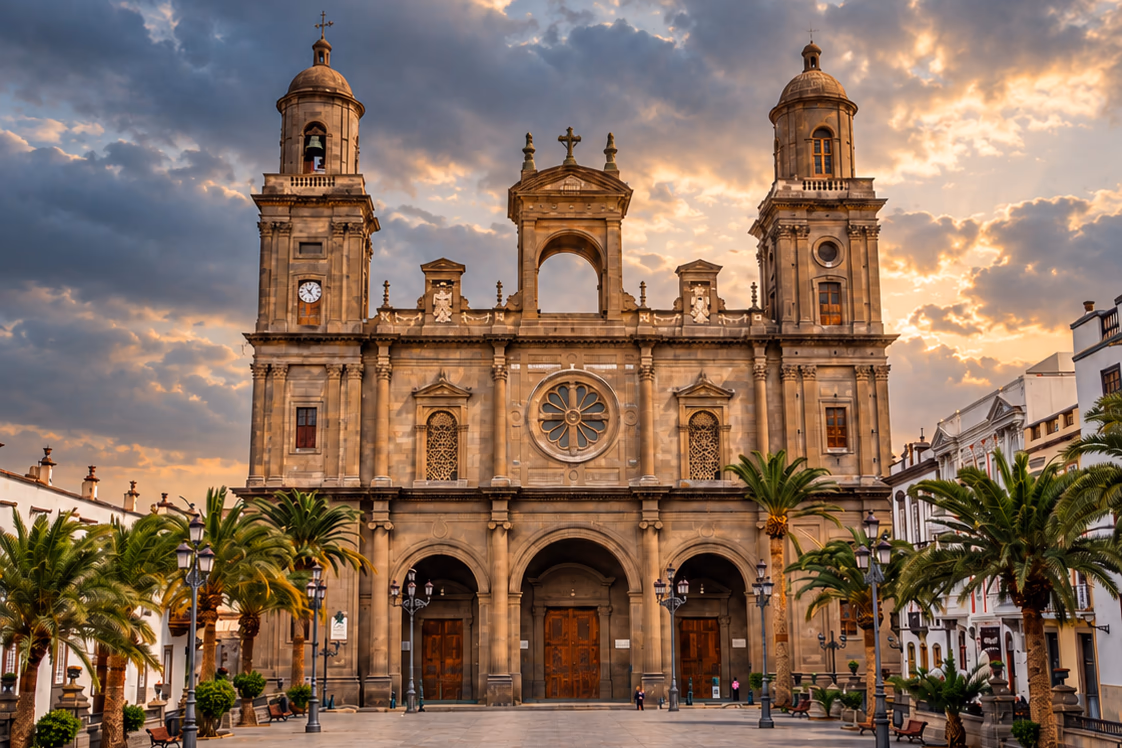 La facciata della cattedrale di Santa Ana a Vegueta, con le due torri e le palme