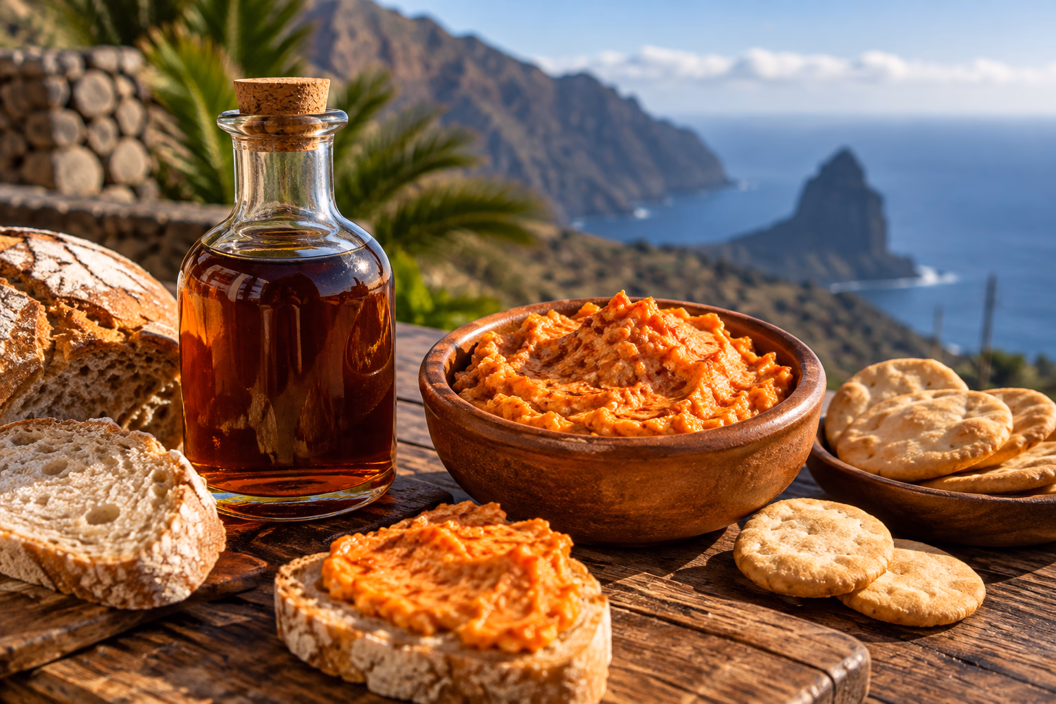 Eine Flasche Miel de palma und eine Schale Almogrote mit Brot, über dem Meer von La Gomera