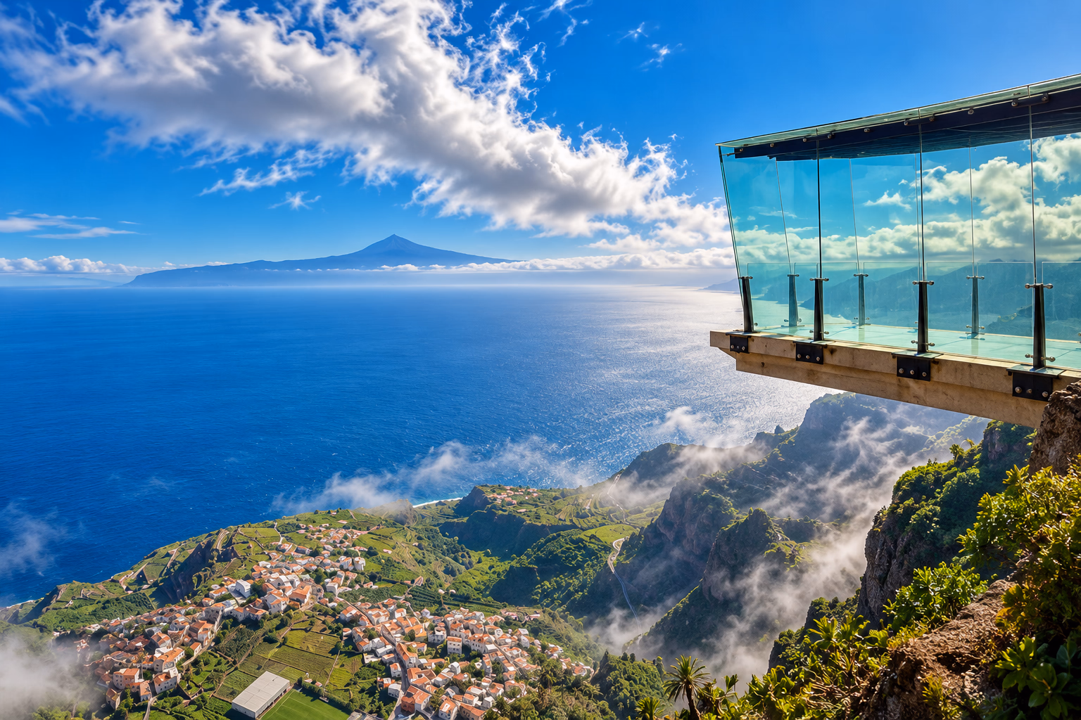 Der gläserne Aussichtspunkt von Abrante oberhalb von Agulo, mit dem Teide am Horizont