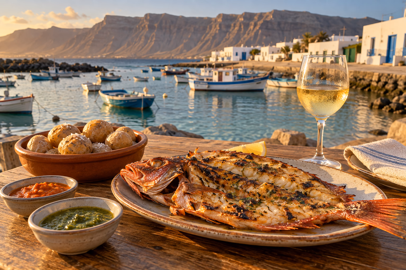 Ein gegrillter Fisch mit Papas arrugadas, Mojo und Weißwein, vor den Booten im Hafen