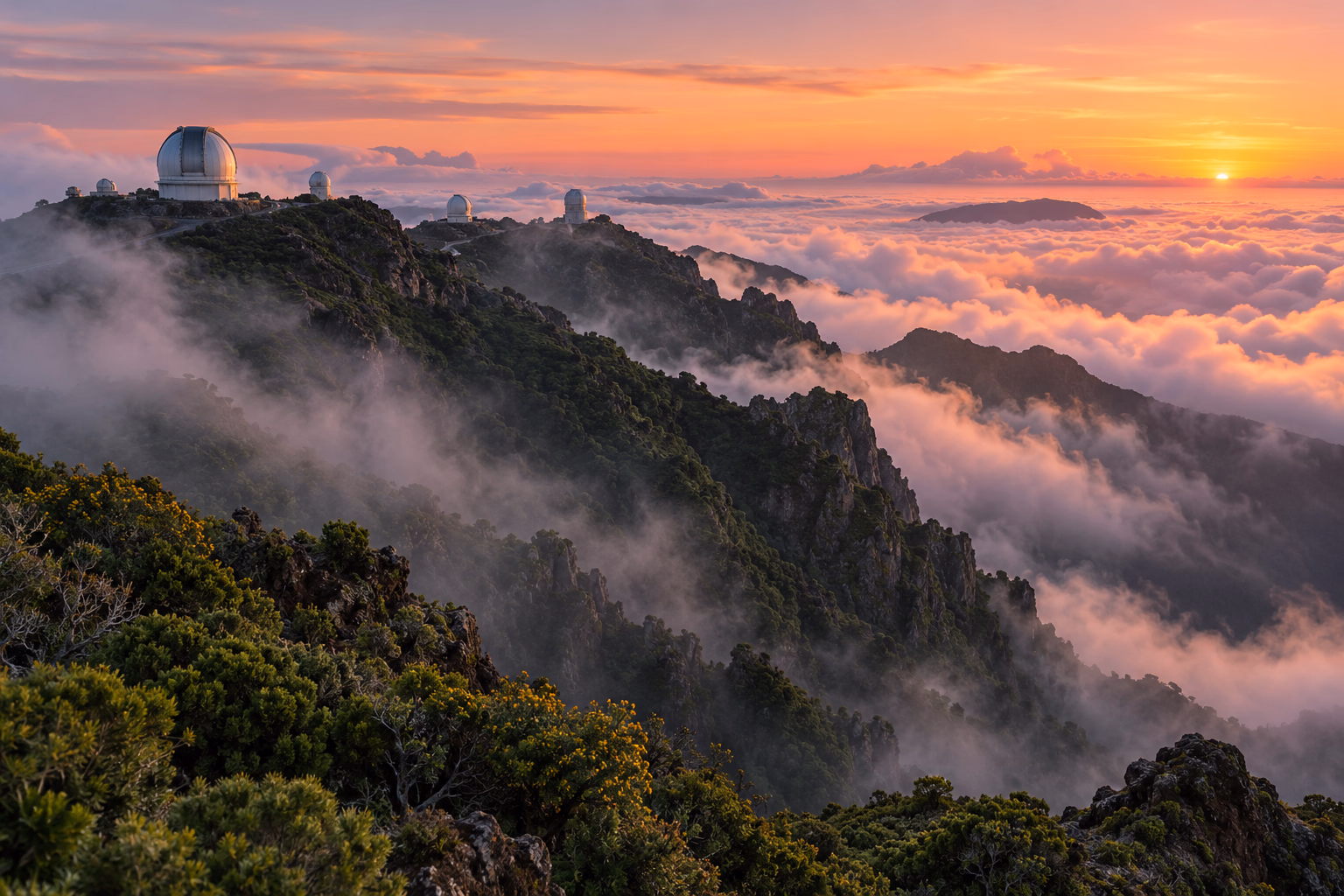 I telescopi del Roque de los Muchachos sopra un mare di nuvole, al tramonto