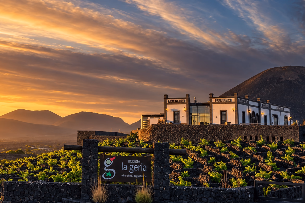Die Bodega La Geria bei Sonnenuntergang, über den Rebzeilen in der Asche