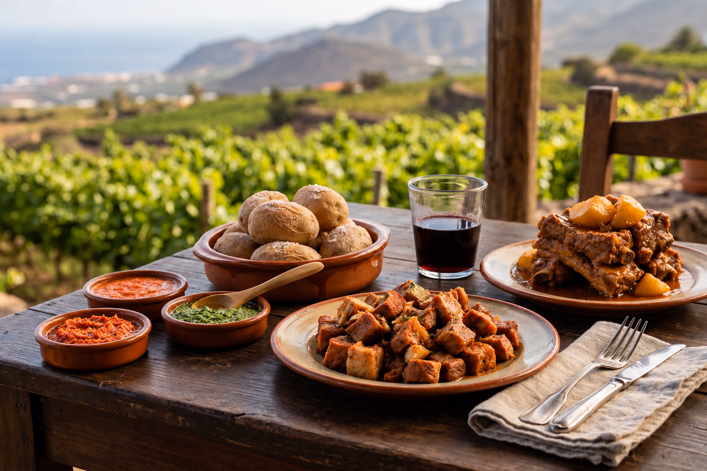 Ein Guachinche-Tisch mit Kartoffeln, Mojo, Fleisch und Rotwein, mit Blick auf die Weinberge