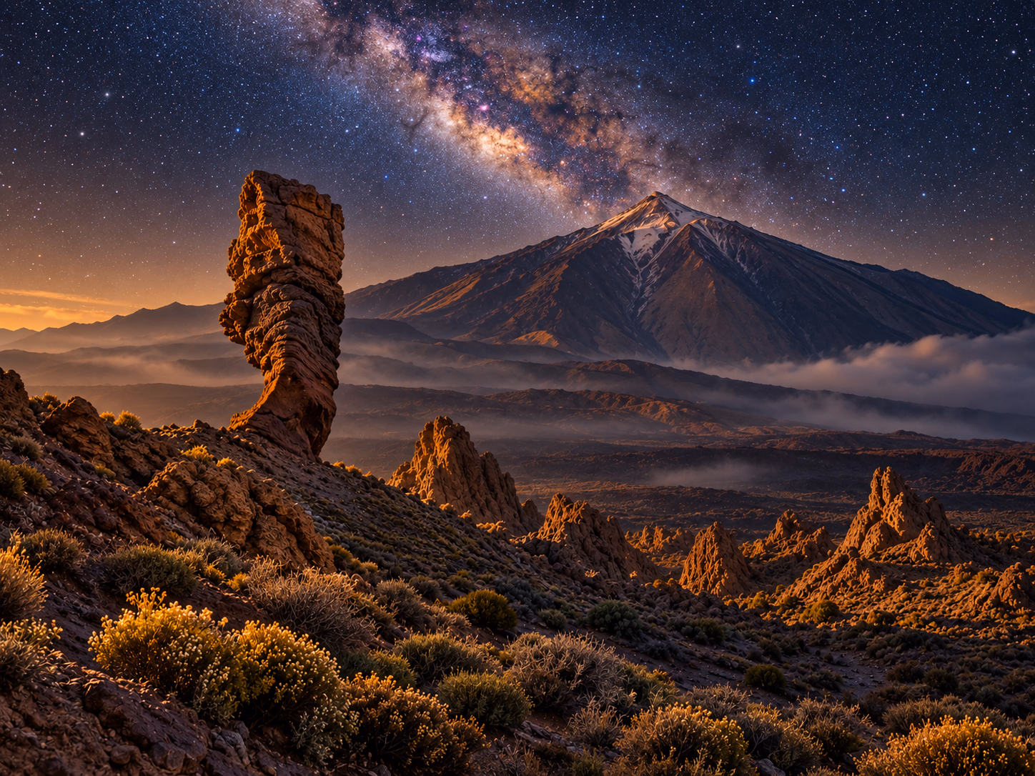 Der Roque Cinchado und der Teide unter der Milchstraße, über dem Wolkenmeer