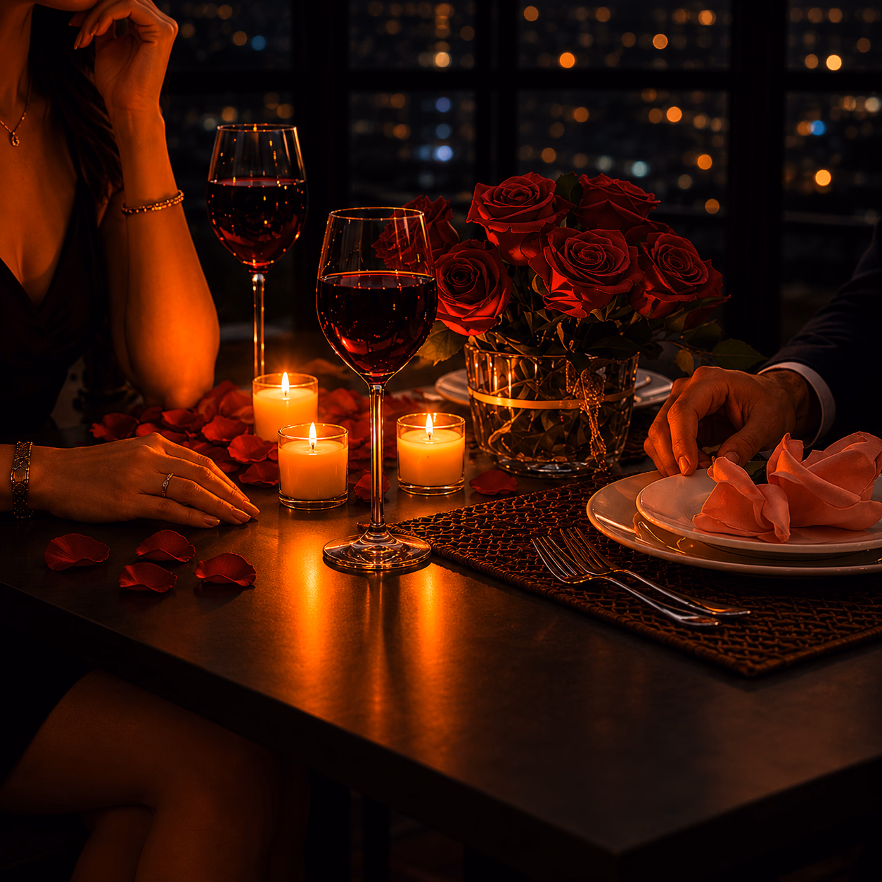 Candlelit dinner for two, glasses of red wine and roses, with the city skyline at night. A dinner with Alexander, companion for events.