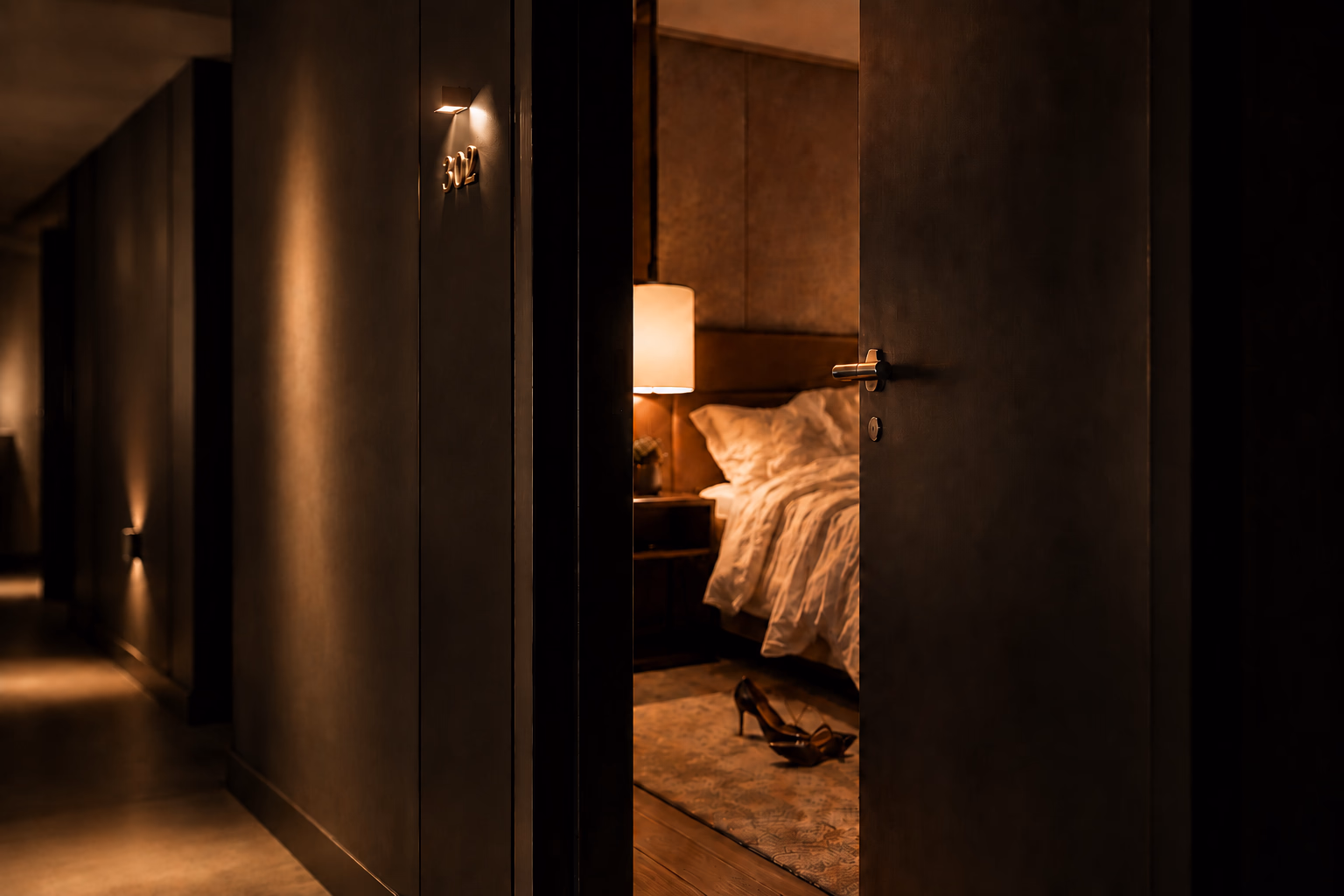 Hotel room in half-light, a door ajar onto the bed and shoes left on the floor. The discreet intimacy of a meeting with Alexander, gentleman companion.