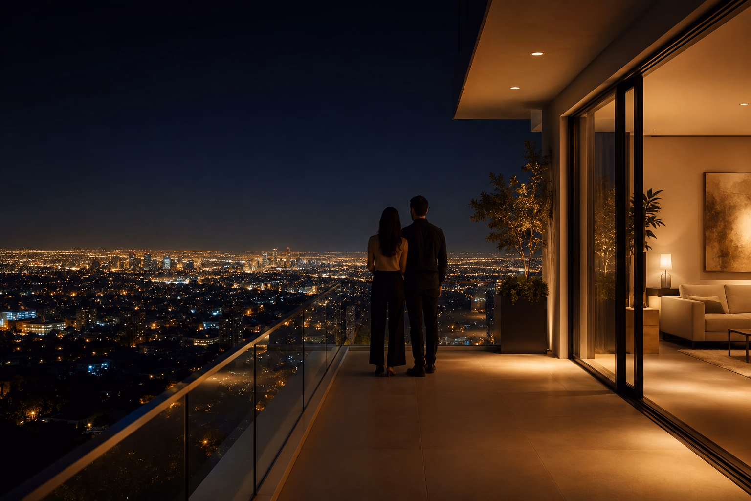 A couple embracing on a penthouse balcony at night before the city lights. An evening with Alexander, escort for couples.